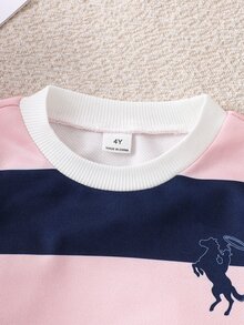 SHEIN Vintaside Kids 女童幼兒長袖運動衫與羅紋內搭褲套裝，春秋休閒可愛日常穿著，學院風拼色羅紋運動衫與長褲2件套，時尚字母印花運動服，兒童戶外休閒套裝 - 藏蓝色 - 查看 3