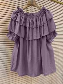 Franclia Women's Solid Color Patchwork Ruffle Trim Button Design Fashion Shirt - Purple - View 2