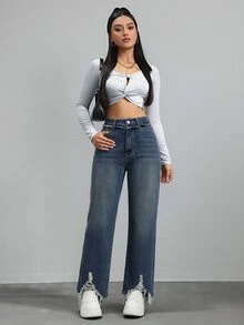 Jeanoix 女款性感鈕扣口袋磨損牛仔褲 - 中等水洗藍 - 查看 3