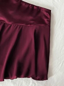 SHEIN EZwear Maillard 高端性感浪漫優雅風 不對稱拼接緞面緞帶裙 約會之夜 派對 秋季 新年 聖誕 - 酒紅色 - 查看 4