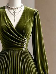 Fine & Folde Women's Elegant Romantic Velvet Pleated Beaded Dress - Olive Green - View 4