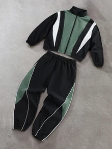 SHEIN 青少年男孩 2件組休閒拼色立領夾克外套與長褲，適合秋冬返校季 - 彩色 - 查看 3