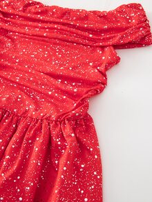 Tween Girl Ruched Off-Shoulder Elegant Fashion Dress - Red - View 3