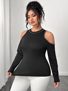 Elenzga Plus Size Elegant Cold Shoulder Beaded Black Long Sleeve Round Neck Top, Party Elastic T-Shirt - Black - View 3