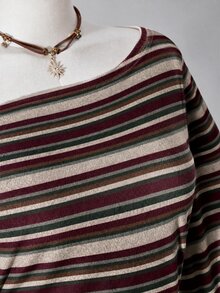 SHEIN ICON 大尺碼 Y2K 復古不對稱單肩針織收腰 T-shirt 上衣，休閒復古不對稱單肩領長袖上衣 - 彩色 - 查看 9
