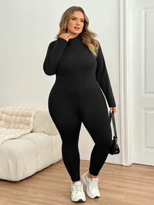SHEIN CURVE+ Plus Size Women's Solid Color Zipper Front Long Sleeve Thermal Lined Jumpsuit Suitable For Outdoor, Home And Casual Occasions - Black - View 6