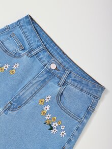 GlowEve Women's Casual Daily Denim Jeans With Pocket, Button And Floral Embroidery Pattern - Blue - View 4