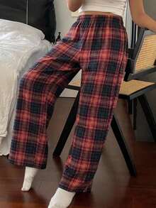 DAZY 格紋直筒長款睡褲女款居家休閒睡衣下身 - 紅色 - 查看 7