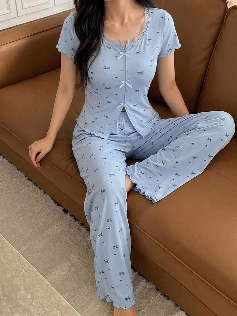 DAZY 2件組蕾絲拼接短袖開襟上衣與直筒長款睡褲夏季女款睡衣套裝 - 藍色 - 查看 1