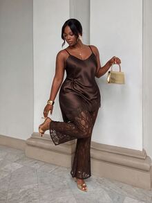 Firerie Plus Size Women Solid Color Contrast Lace Asymmetric Hem Camisole Top And Flare Pants Elegant Set - Coffee Brown - View 1