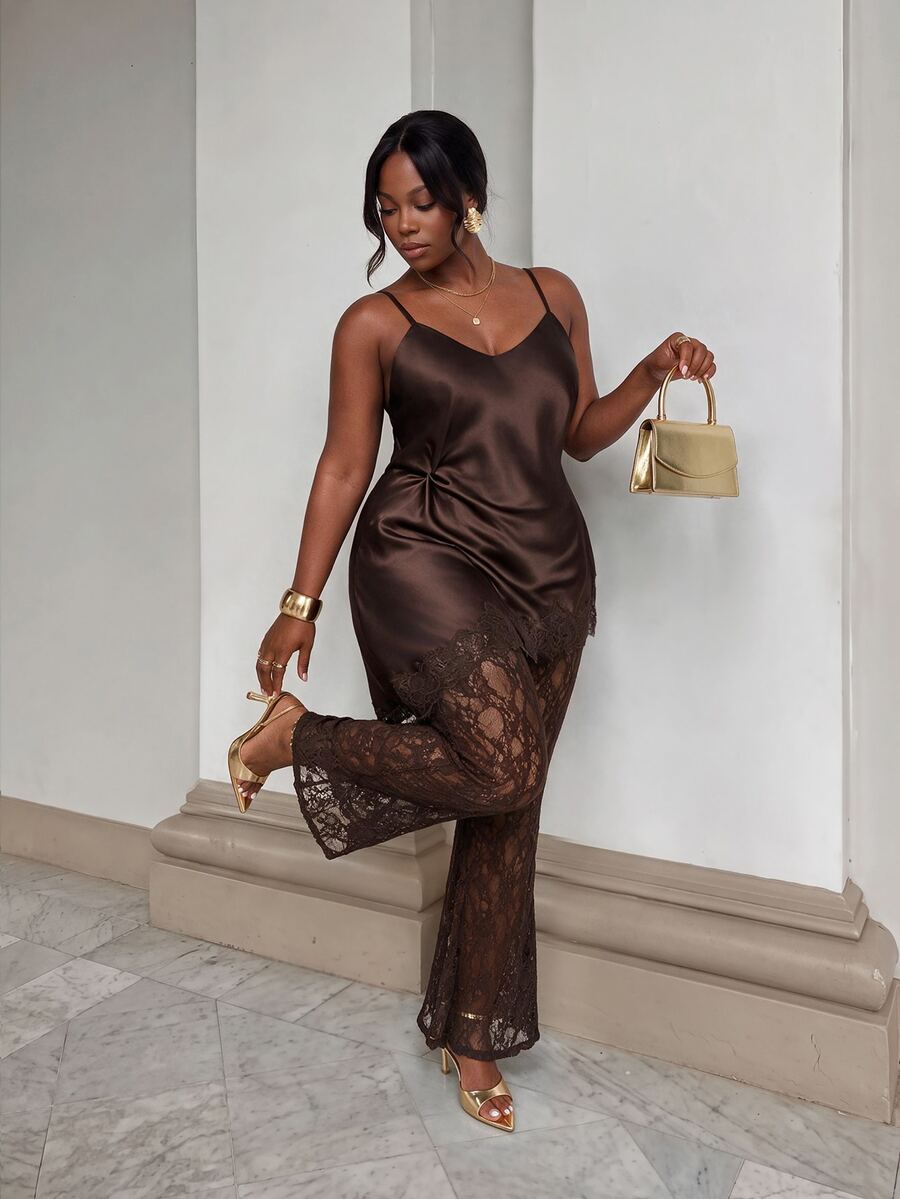 Firerie Plus Size Women Solid Color Contrast Lace Asymmetric Hem Camisole Top And Flare Pants Elegant Set - Coffee Brown - View 1