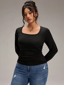 EMERY ROSE تي شيرت نسائي مقاس كبير بلون موحد ضيق متعدد الاستخدامات للاستخدام اليومي بأكمام طويلة - الأسود - مشاهدة 2