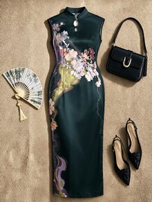 EastFlair Plus Size Women's Floral Print Cheongsam Collar Fitted Elegant Dress - Black - View 4