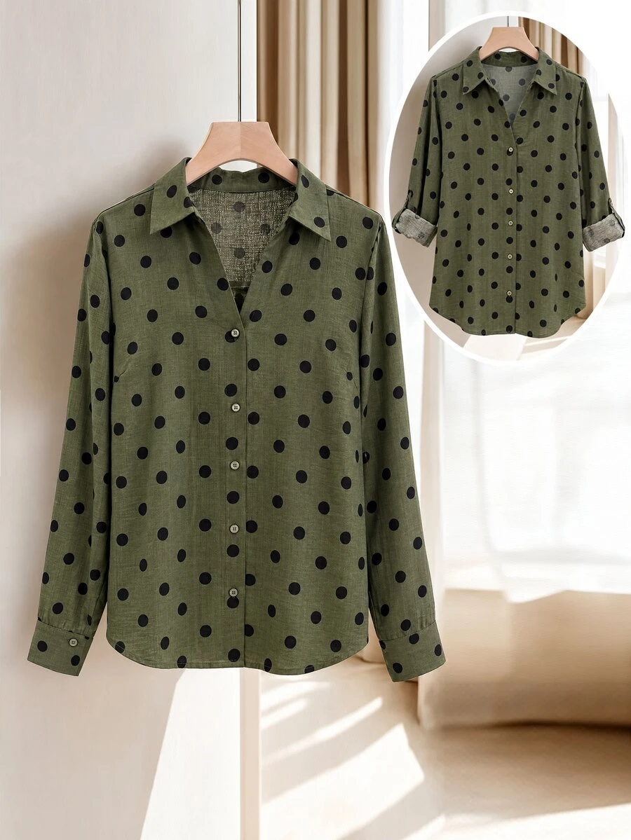 EMERY ROSE Women's Fall French Chic Casual Bohemian Vacation Commute Office Middle Eastern Faux Linen Green Polka Dot Print V-Neck Button-Front Long Sleeve Shirt - Army Green - View 1