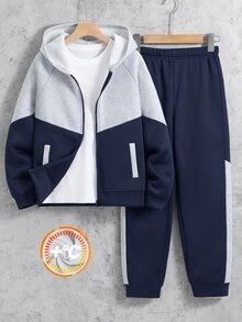 SHEIN 2件組兒童青少年男孩休閒運動日常百搭舒適拼色落肩袖連帽寬鬆套頭衛衣長袖運動外套收口寬鬆運動長褲針織運動套裝，適合日常穿著、上學、旅行、運動，秋冬款 - 藏蓝色 - 查看 4
