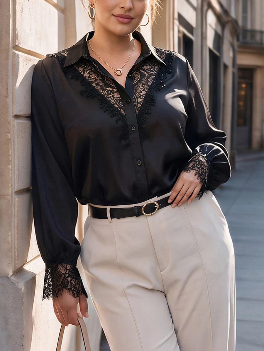 Chikora Plus Size Women's Contrast Lace Long Sleeve Single-Breasted Elegant Blouse - Black - View 1