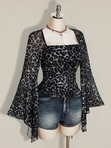 SHEIN ICON Plus Size Women Leopard Print Fitted Versatile Everyday Top - Grey - View 9
