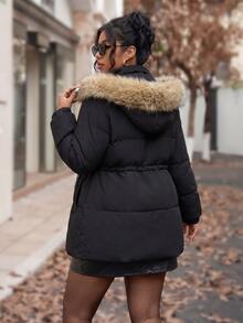 Easura Plus Size Hooded Cinched Waist Long Sleeve + Detachable Fur Collar Padded Coat - Black - View 2