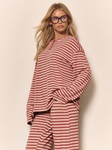 MUSERA Stripe Drop Shoulder Oversized Long Sleeve Button Neck Detail Top Cute Cool Girl Cosy Fall - Red - View 4