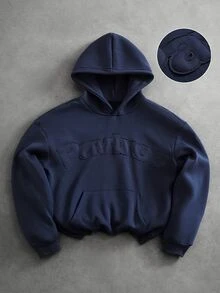 PAVTROS 男士街頭風秋冬拼接刺繡連帽衛衣，休閒街頭風，個性化，街舞、滑板、饒舌，寬鬆版型，節日禮物，中性款，情侶穿搭，連帽衛衣，衛衣 - 藏蓝色 - 查看 1