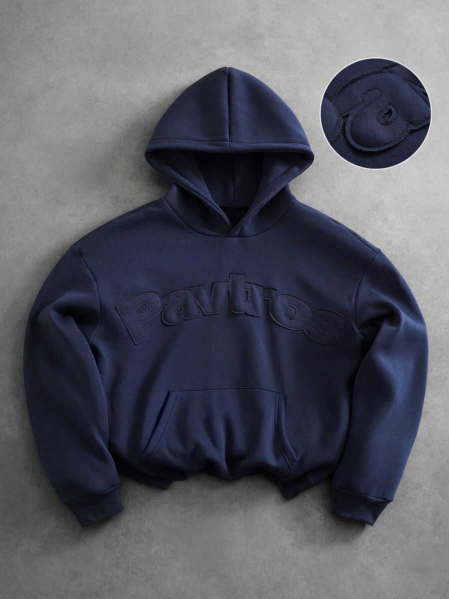 PAVTROS 男士街頭風秋冬拼接刺繡連帽衛衣,休閒街頭風,個性化,街舞、滑板、饒舌,寬鬆版型,節日禮物,中性款,情侶穿搭,連帽衛衣,衛衣 - 藏蓝色 - 查看 1
