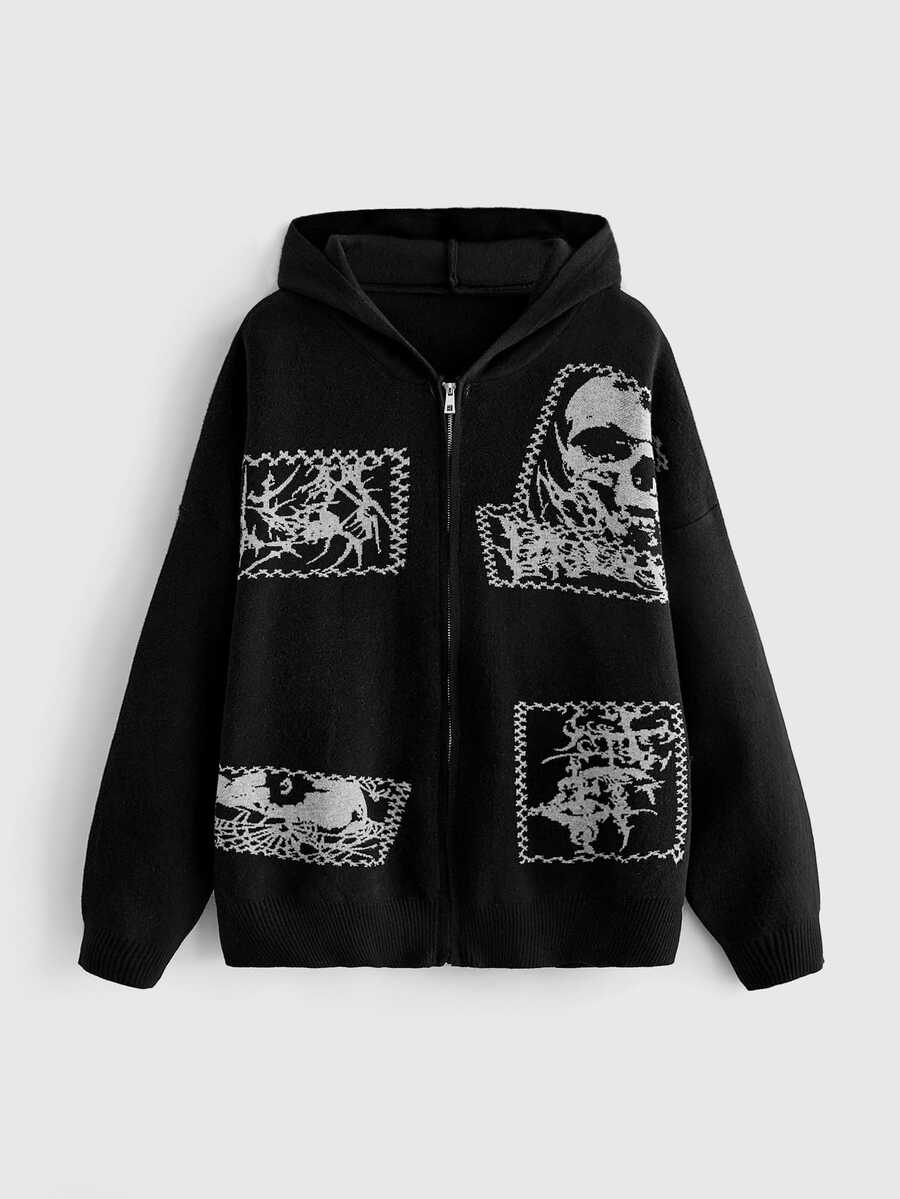 ROMWE Street Life Women's Loose Streetwear Patchwork Punk Print Cardigan - Black - View 1