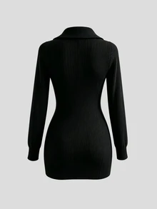 Sweetra Gaun Sweater Rajut Berkerah Gaya Retro Amerika Warna Abu-abu Gelap dengan Pengikat Pinggang - Hitam - View 2
