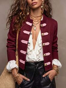 SHEIN جاكيت صوف محبوك نسائي بتصميم صيني حديث للخريف والشتاء، بأزرار على شكل ضفدع، ياقة ماندارين، أكمام طويلة، بقصة قصيرة مفصلة - عنابي اللون - مشاهدة 8