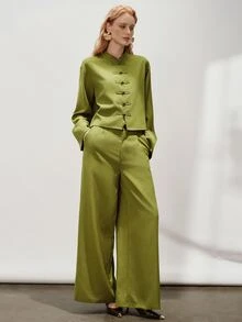 Aveloria Modichic New Chinese Style Frog Button Minimalist Elegant Relaxed Long Sleeve Wide Leg Pants 2 Pieces Set - Olive Green - View 5