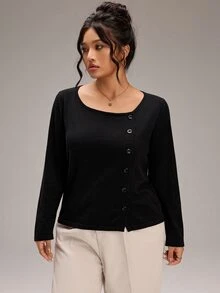 SHEIN BASICS كنزة صوفية نسائية مقاس كبير بلون موحد كاجوال للاستخدام اليومي بأكمام طويلة - الأسود - مشاهدة 3