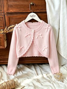 SHEIN Tween Girl Sweet Bow Decor Button Knit Cardigan - Pink - View 6