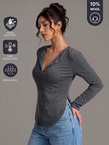 SHEIN BASICS Women's Solid Color Casual Versatile Daily Long Sleeve T-Shirt - Grey - View 2