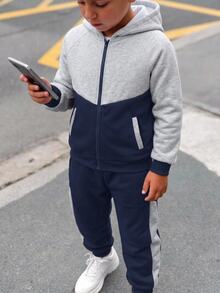 SHEIN 2件組兒童青少年男孩休閒運動日常百搭舒適拼色落肩袖連帽寬鬆套頭衛衣長袖運動外套收口寬鬆運動長褲針織運動套裝，適合日常穿著、上學、旅行、運動，秋冬款 - 藏蓝色 - 查看 6