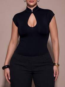 SHEIN BAE CURVE Plus Size Women's Black Hollow Cap Sleeve Fitted Top - Black - View 6