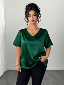 Elenzga Plus Size Elegant Glossy Minimalist V-Neck Satin Top For Women, Casual Business Summer - Dark Green - View 5