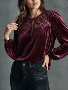 EMERY ROSE Plus Size Women's Round Neck Long Sleeve Hollow Embroidery Patchwork Embroidered Simple Casual Versatile Top - Burgundy - View 4