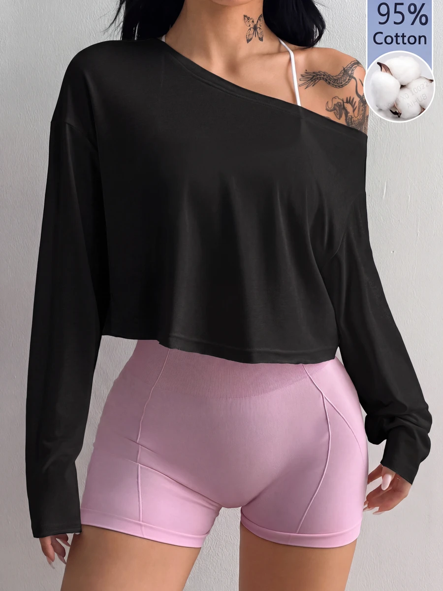 Coolane Women's Solid Color Asymmetrical Shoulder Long Sleeve Sports T-Shirt - Black - View 1