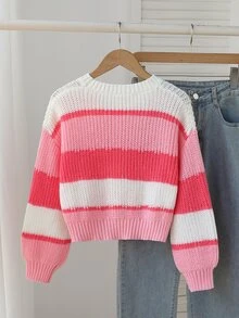 SHEIN 1件女童套頭毛衣，時尚極簡百搭圓領粉色多巴胺配色條紋拼接落肩長袖休閒甜酷風，適中厚度，整齊下擺，緊口袖口，單穿好看，亮色易穿脫，適合日常、學校、派對等場合，秋冬穿搭 - 粉色 - 查看 2