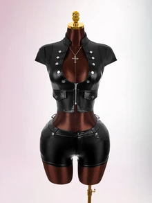 Amplova Women's U-Neck Sexy Avant-Garde Button Detail Set, Suitable For Daily Wear, Distressed Style - Black - View 3