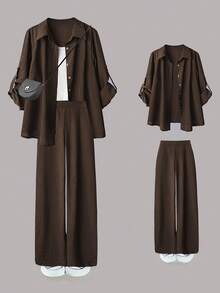 SHEIN LUNE 大尺碼女款休閒兩件套，純色捲袖單排扣休閒通勤襯衫與高腰寬鬆寬腿長褲 - 摩卡棕 - 查看 1