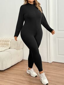SHEIN CURVE+ Plus Size Women's Solid Color Zipper Front Long Sleeve Thermal Lined Jumpsuit Suitable For Outdoor, Home And Casual Occasions - Black - View 4