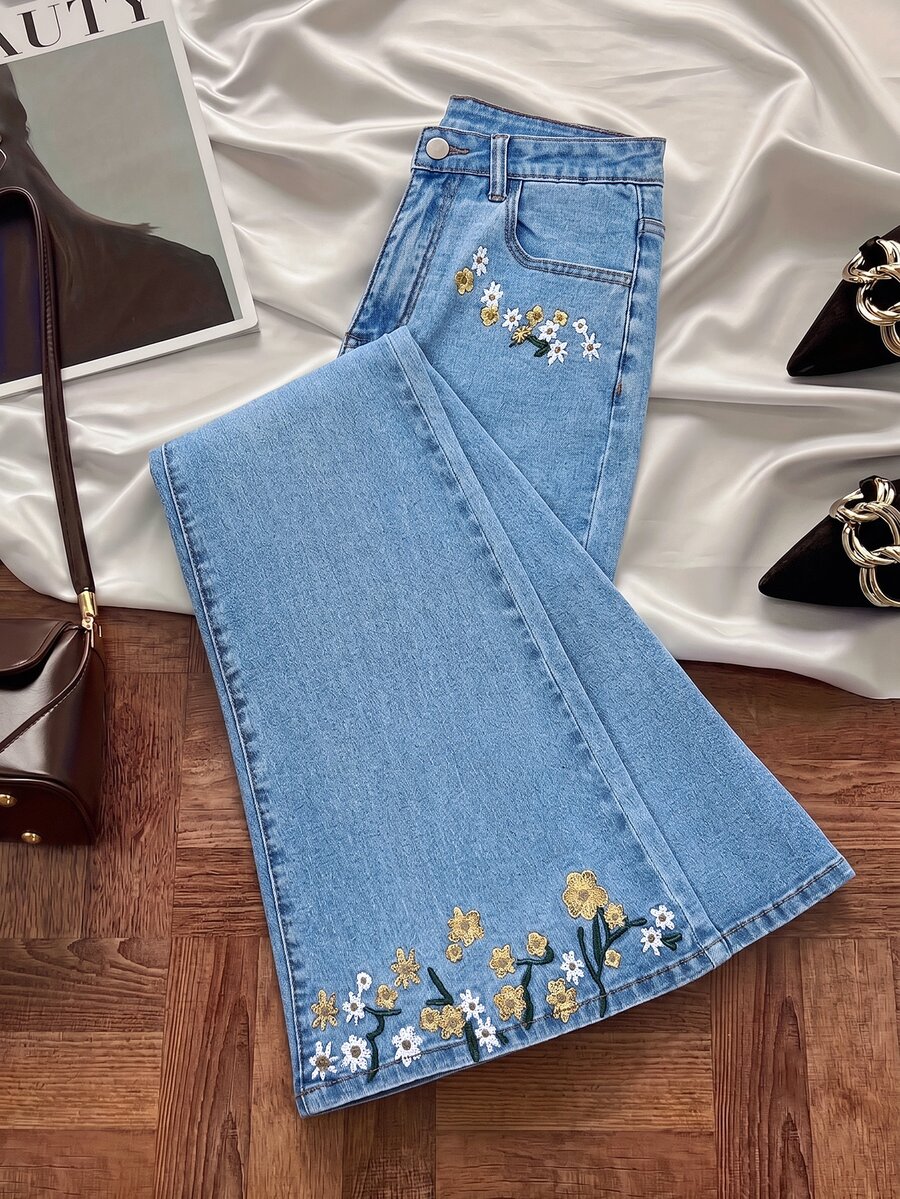 GlowEve Women's Casual Daily Denim Jeans With Pocket, Button And Floral Embroidery Pattern - Blue - View 1