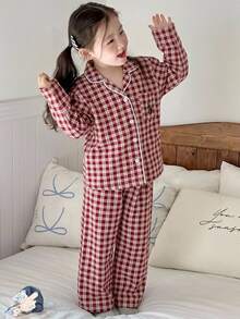 Dazy Kids 女童秋季小格紋刺繡長袖居家休閒套裝 - 藍白色 - 查看 3