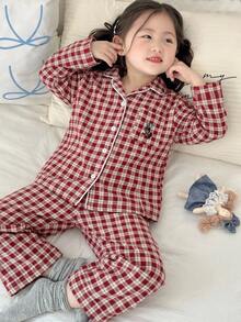 Dazy Kids 女童秋季小格紋刺繡長袖居家休閒套裝 - 藍白色 - 查看 6
