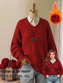 Rusticease Plus Size Red Cable Knit V Neck Long Sleeve Sweater Cozy Casual Fall Winter 2026 - Red - View 1