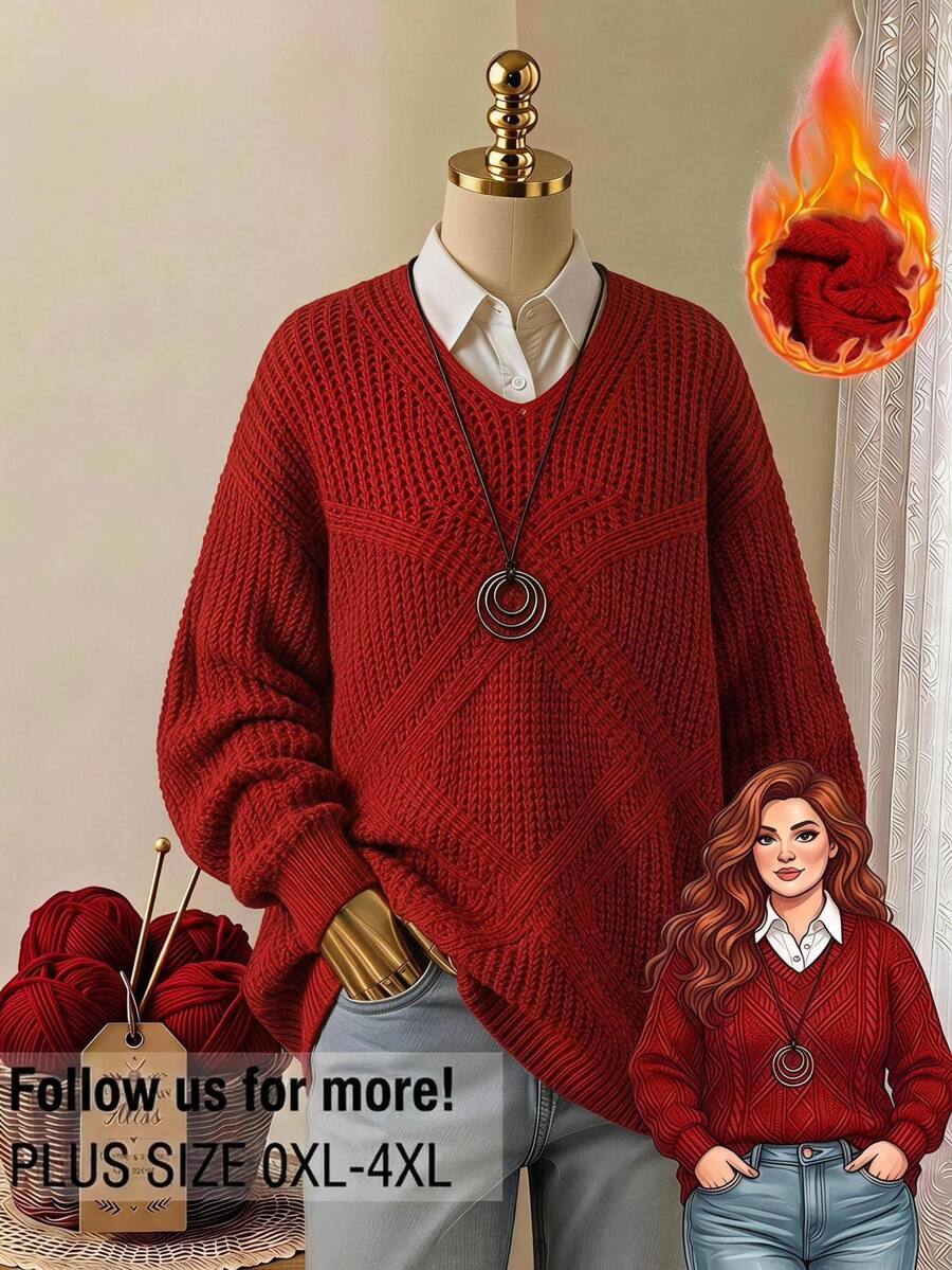 Rusticease Plus Size Red Cable Knit V Neck Long Sleeve Sweater Cozy Casual Fall Winter 2026 - Red - View 1