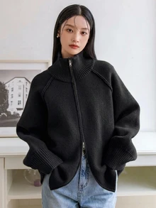 DAZY 秋冬黑色針織開襟衫 寬鬆休閒女款辦公通勤毛衣 - 黑色 - 查看 1