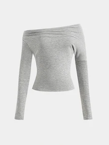 Teen Girls Casual Asymmetrical Shoulder Twisted Solid Color T-Shirt, Daily Commute Inner Layer, Marled Knit Long Sleeve T-Shirt, Teen Girl - Grey - View 2