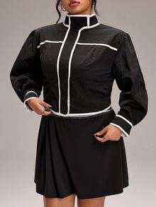 SHEIN BASICS Plus Size Women Black Contrast Trim Zip Up Lightweight Jacket Long Sleeve Casual Jacket Winter - Black - View 5