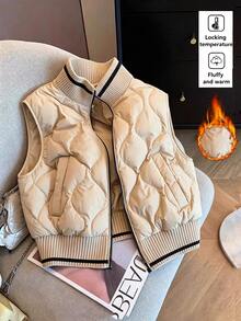 SHEIN Franclia Mantel Rajut Argyle Patchwork Blok Warna Musim Gugur/Dingin Gaya Eropa dan Amerika dengan Kantong untuk Wanita - Khaki - View 1